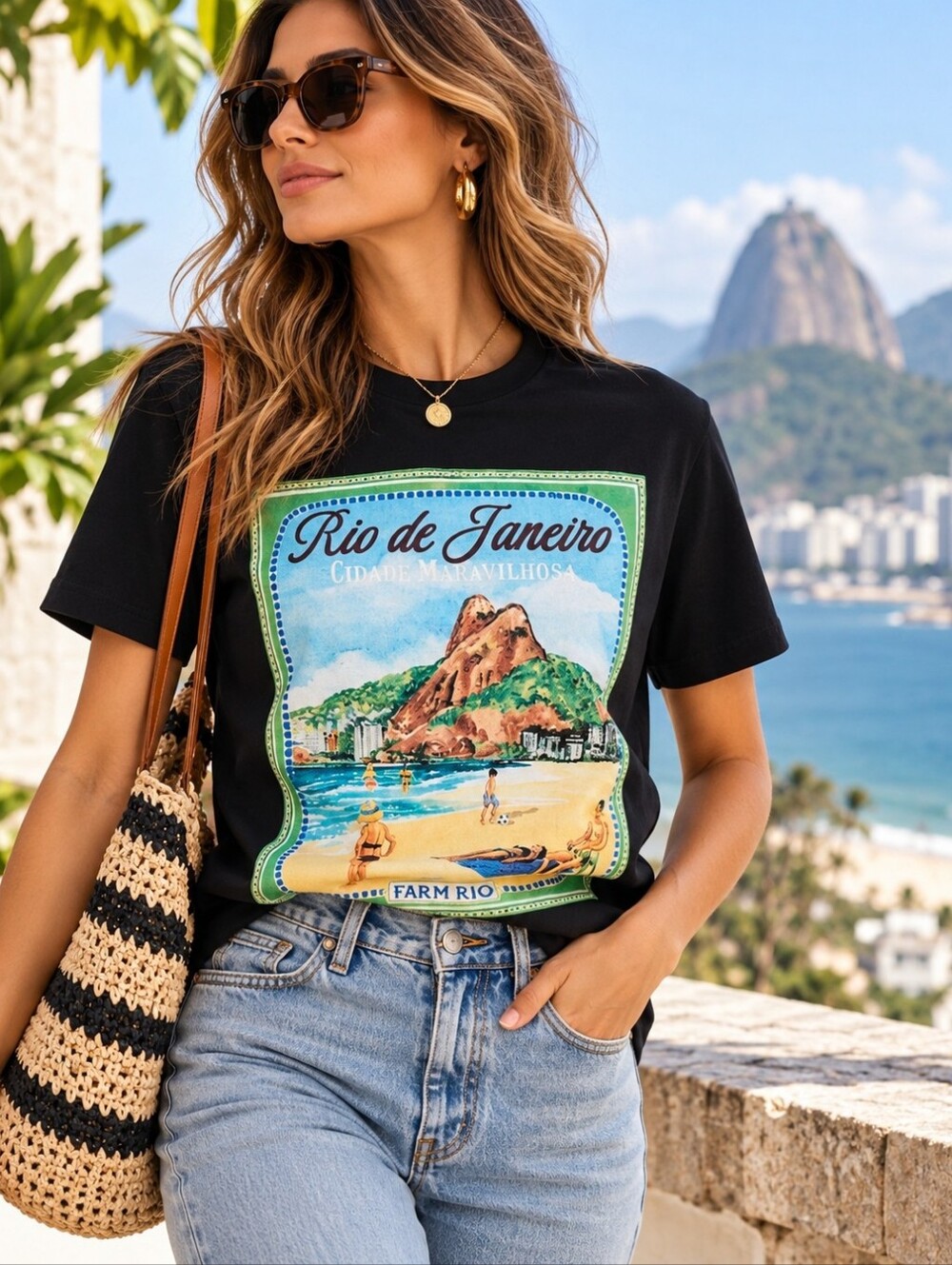 FARM Rio Black Rio de Janeiro Scenic Graphic Tee NWT M